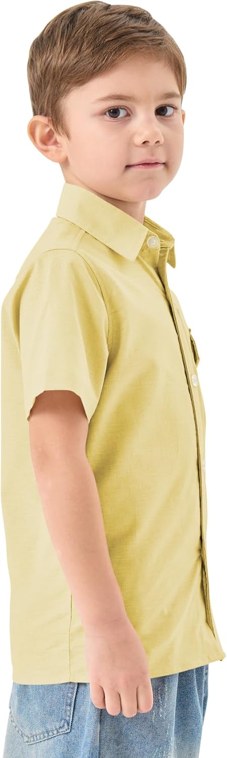 QBK Boys' Cotton Linen Short Sleeve Classic Button Down Shirts Boys Dress Shirt with Chest Pocket for 2T-16 Years