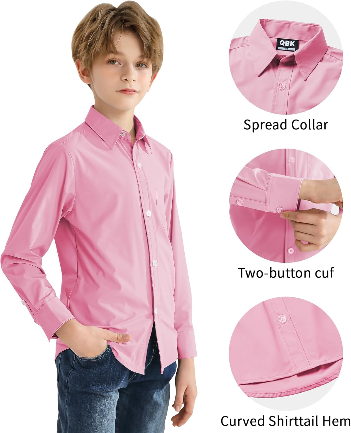 2T-16Y Boys' Stretch Long Sleeve Button Down Toddler Dress Shirt Wrinkle Free Oxford Uniform Shirt with Chest Pocket