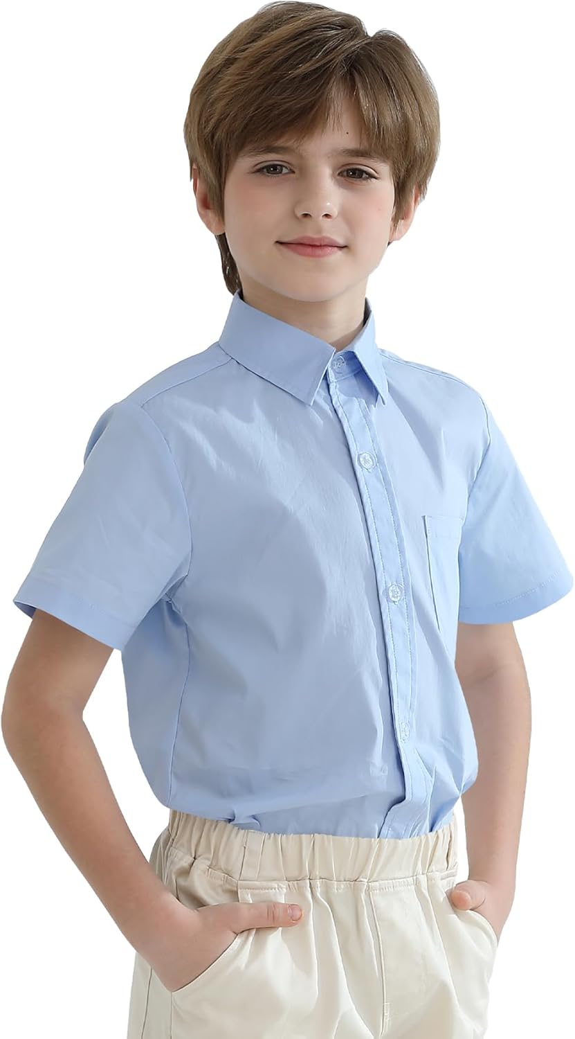 2T-16Y Boys' Short Sleeve Button Down Toddler Dress Shirt Oxford Uniform Shirt with Chest Pocket
