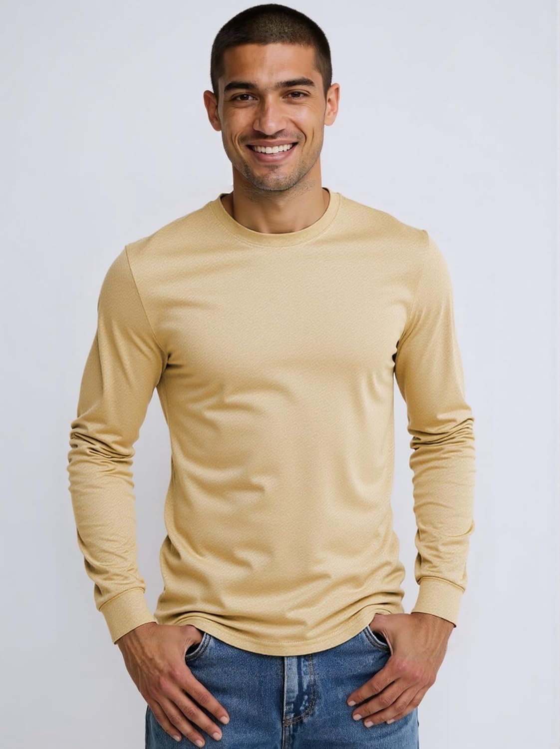 Huata Men's T-Shirt Long Sleeve Crewneck Cotton Tees