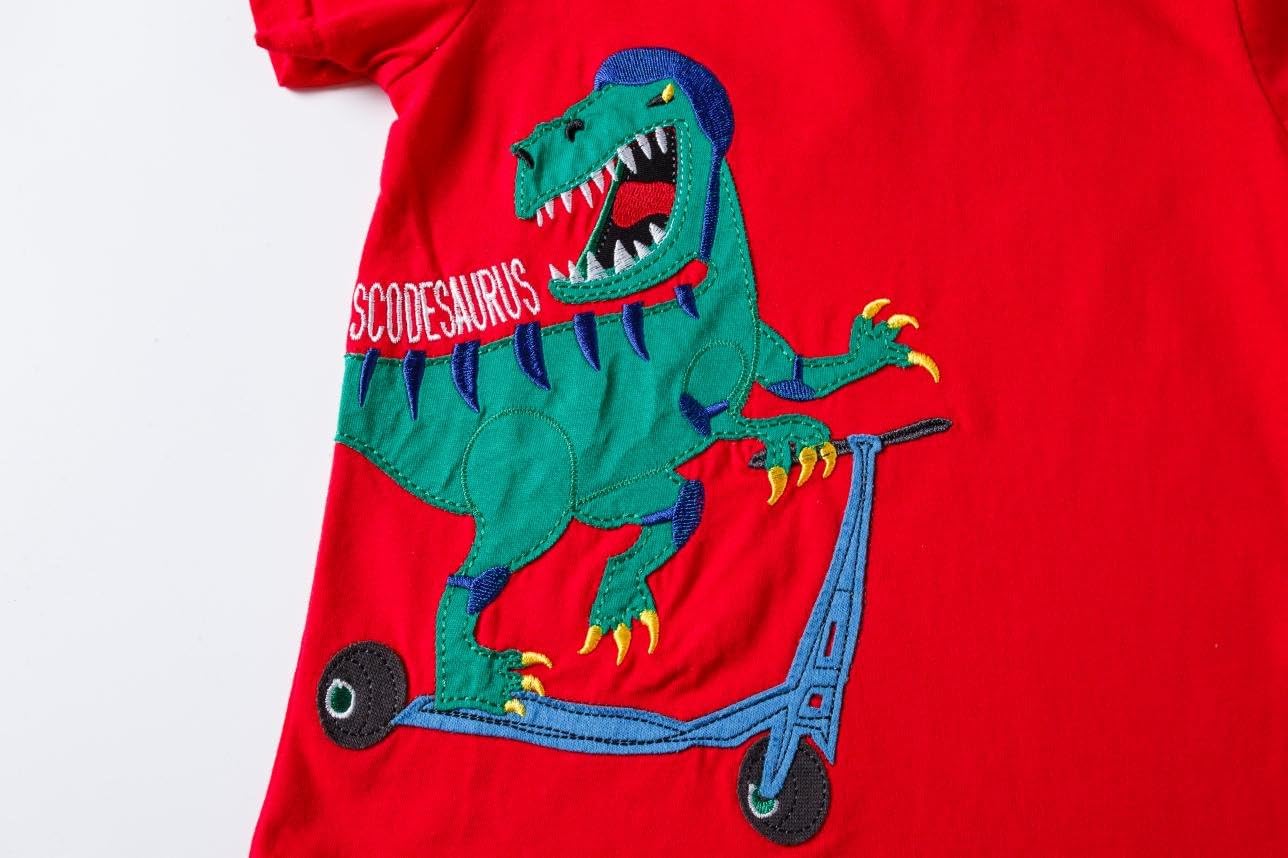 Huata Little Boys Short Sleeve Crew Neck T-Shirt Tops Tee (3T, Dinosaur) Red
