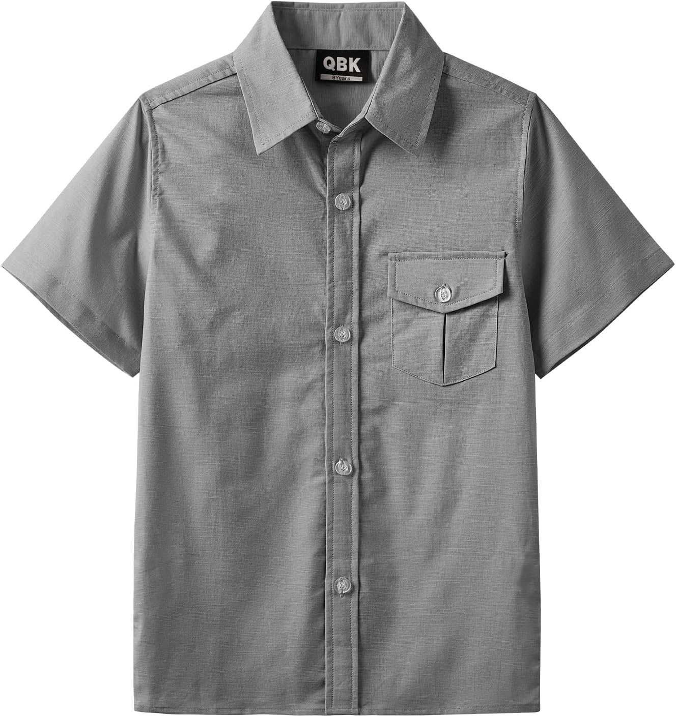 QBK Boys' Cotton Linen Short Sleeve Classic Button Down Shirts Boys Dress Shirt with Chest Pocket for 2T-16 Years