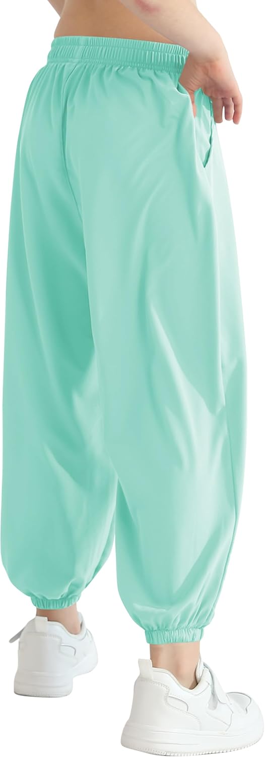 QBK 3T-14Years Girls Summer Lightweight Baggy Joggers with Pockets,Wide Leg Sweatpants Cinched Bottom Hip Hop Dance Pants