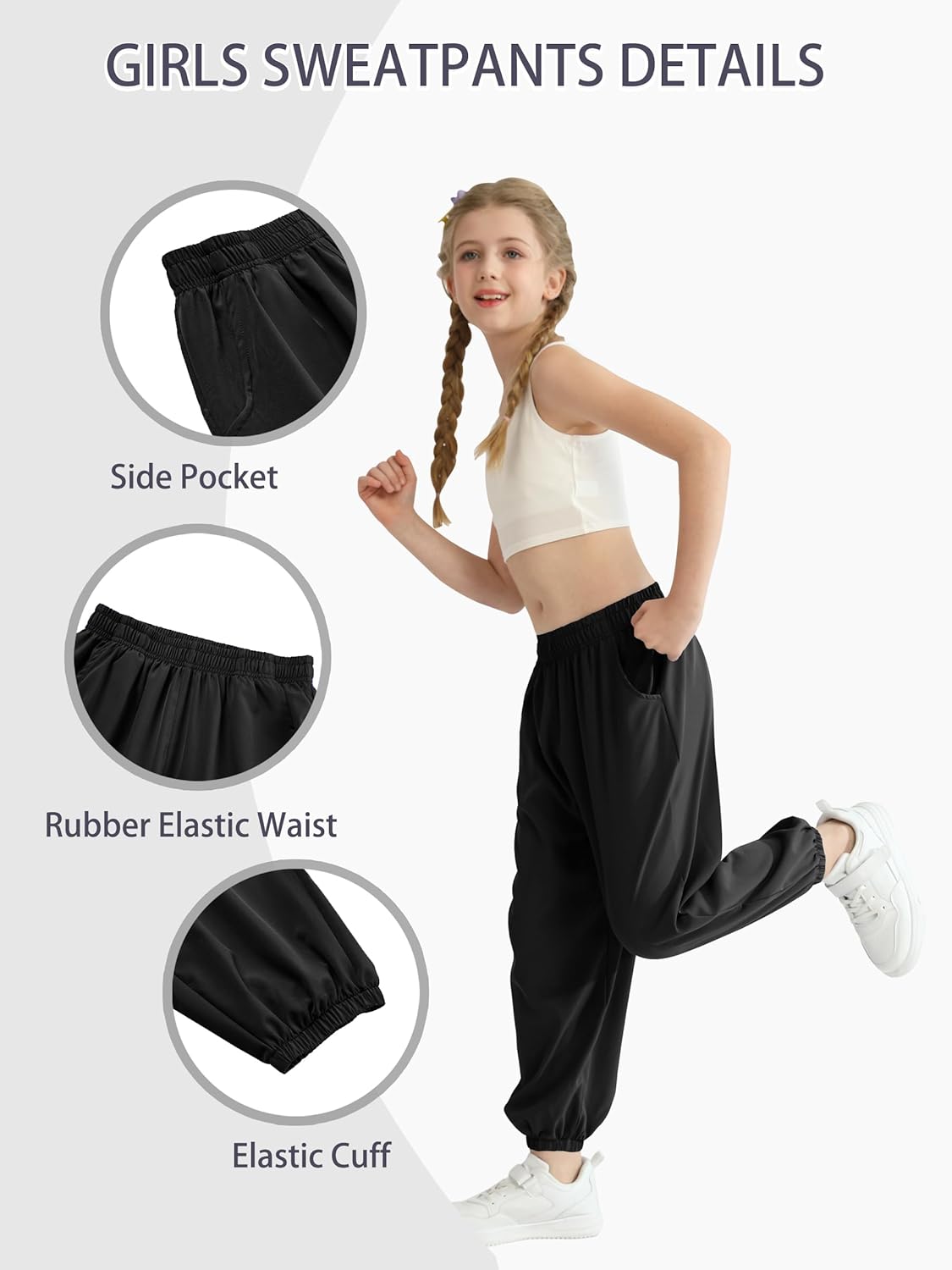 QBK 3T-14Years Girls Summer Lightweight Baggy Joggers with Pockets,Wide Leg Sweatpants Cinched Bottom Hip Hop Dance Pants