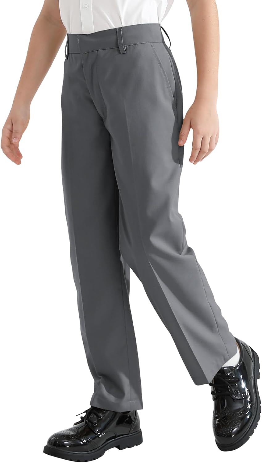 QBK Boys Flat Front Dress Pants Uniform Pants Adjustable Waistband for Toddler to Youth with Pockets