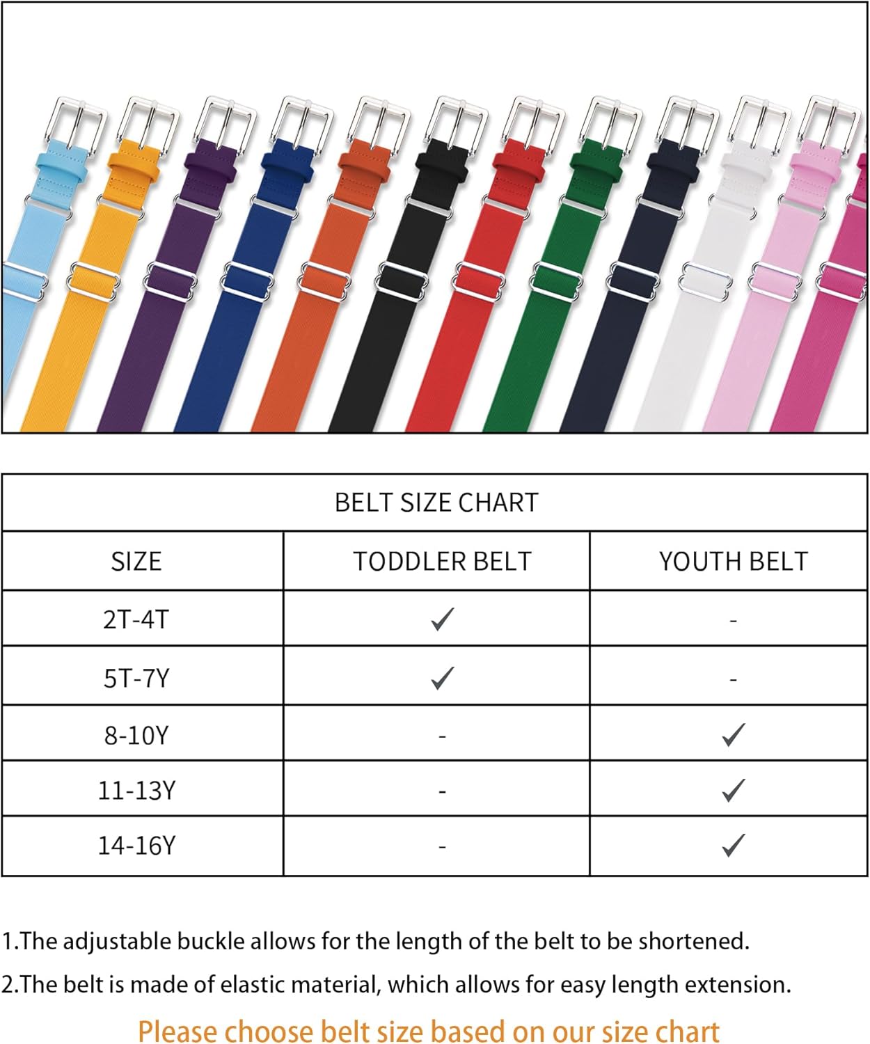 QBK Toddler And Youth Baseball/Softball Belt Kids Elastic Adjustable Uniform Belt For Boys And Girls - In Multiple Colors