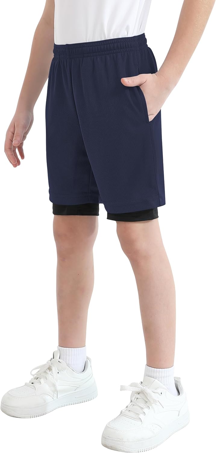 QBK Toddler to Youth Boys 2 in 1 Athletic Shorts Basketball Compression Shorts with Liner for Girls Soccer Running Sports