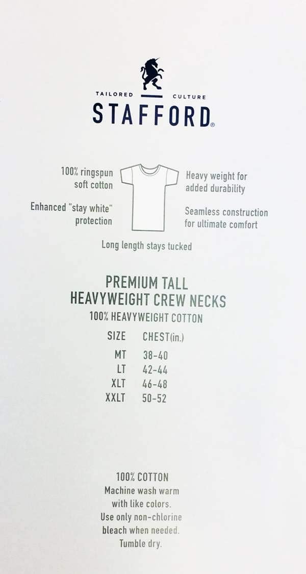 Stafford Men’s Tall/Extra Tall 100% Heavy Weight Cotton Crew Neck Undershirt, White, Short Sleeve, 4 Pack (Large Tall (LT))