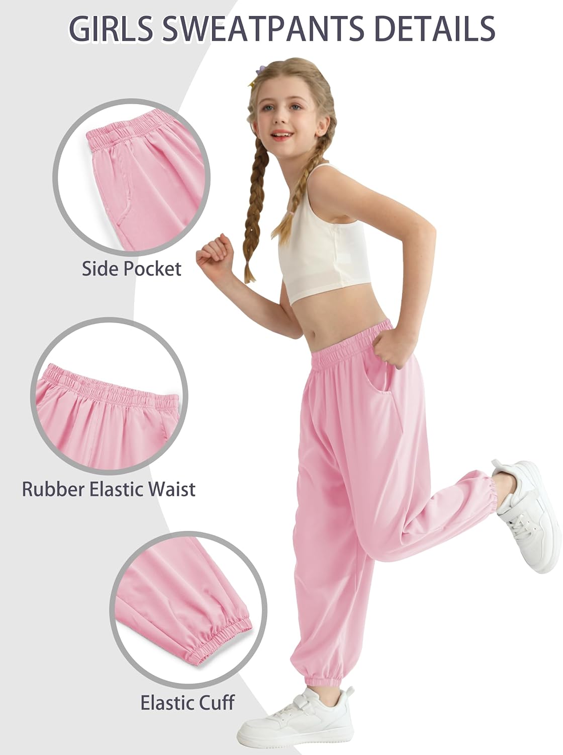 QBK 3T-14Years Girls Summer Lightweight Baggy Joggers with Pockets,Wide Leg Sweatpants Cinched Bottom Hip Hop Dance Pants