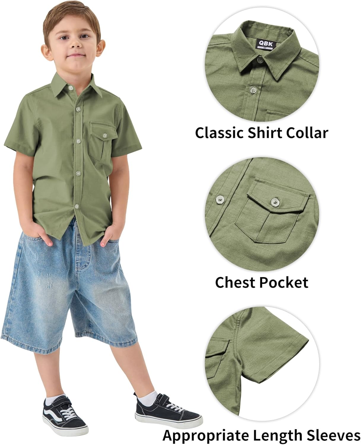 QBK Boys' Cotton Linen Short Sleeve Classic Button Down Shirts Boys Dress Shirt with Chest Pocket for 2T-16 Years