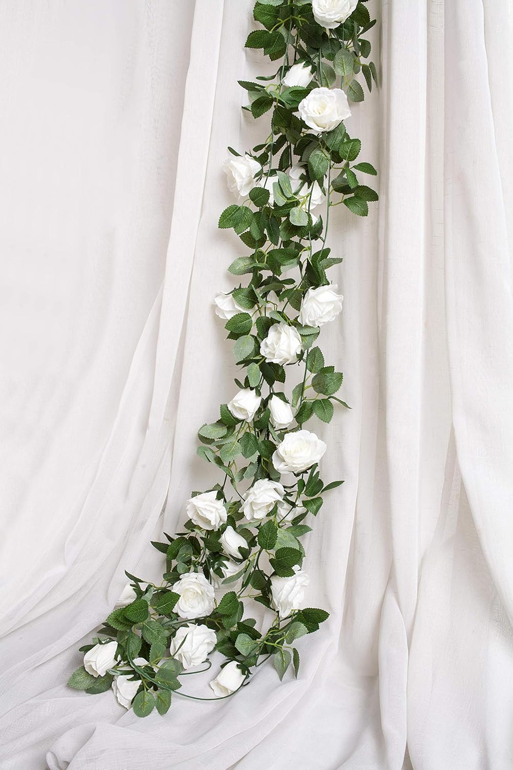 Huata 3PCS 6.56Ft Artificial Rose Flower Silk Vine Hanging Wedding Decor Garlands Home Outdoor Indoor Decor Flower (White)