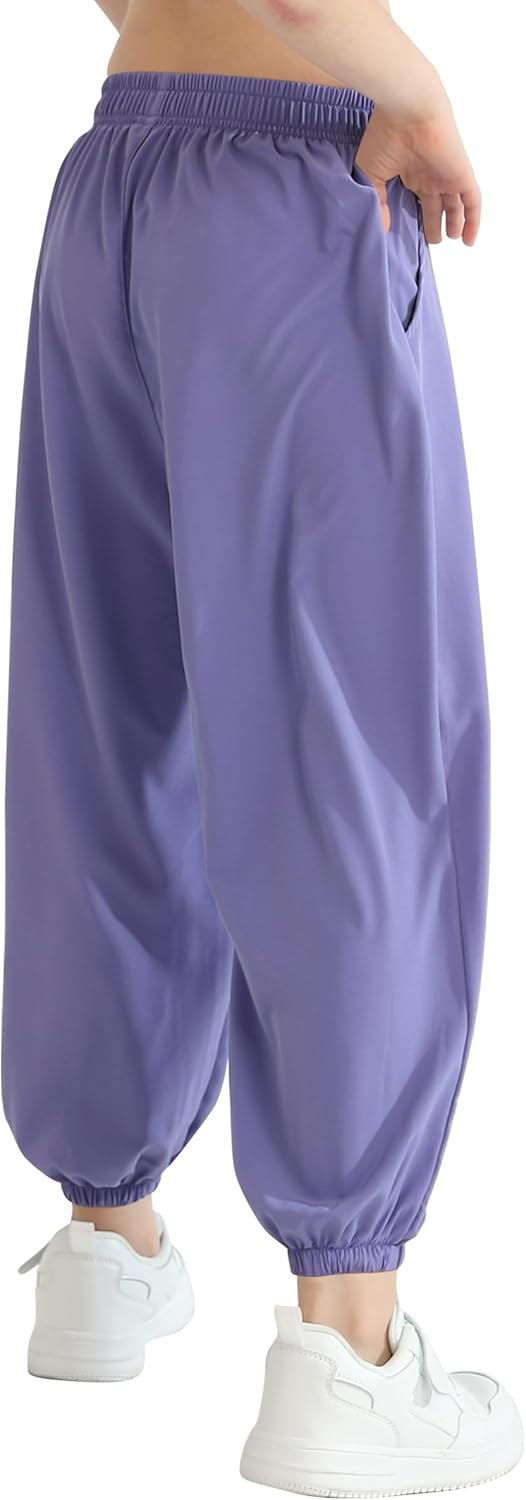 QBK 3T-14Years Girls Summer Lightweight Baggy Joggers with Pockets,Wide Leg Sweatpants Cinched Bottom Hip Hop Dance Pants