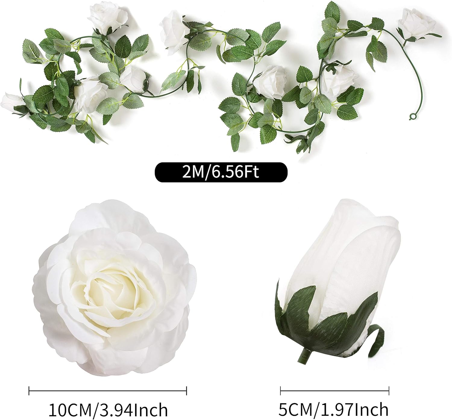 Huata 3PCS 6.56Ft Artificial Rose Flower Silk Vine Hanging Wedding Decor Garlands Home Outdoor Indoor Decor Flower (White)