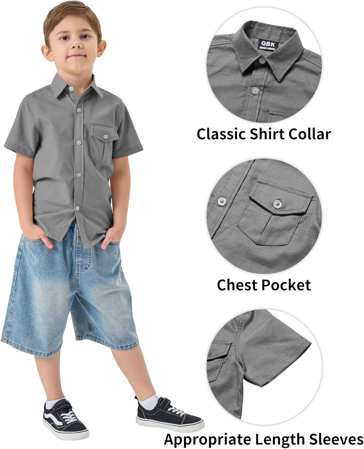 QBK Boys' Cotton Linen Short Sleeve Classic Button Down Shirts Boys Dress Shirt with Chest Pocket for 2T-16 Years