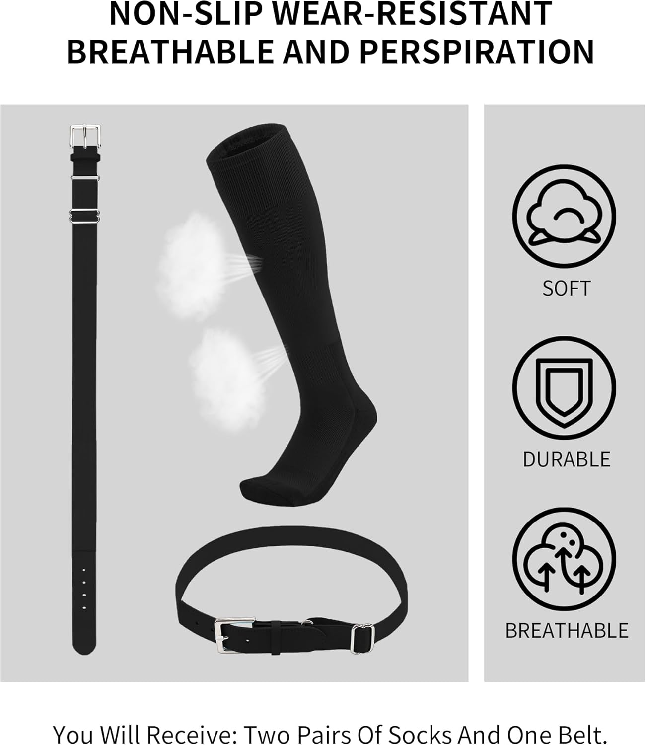 QBK Toddler Baseball Socks And Belt Youth Softball Tee Ball Combo Set for Boy Girl (2 Pairs of Socks & 1 Belt)