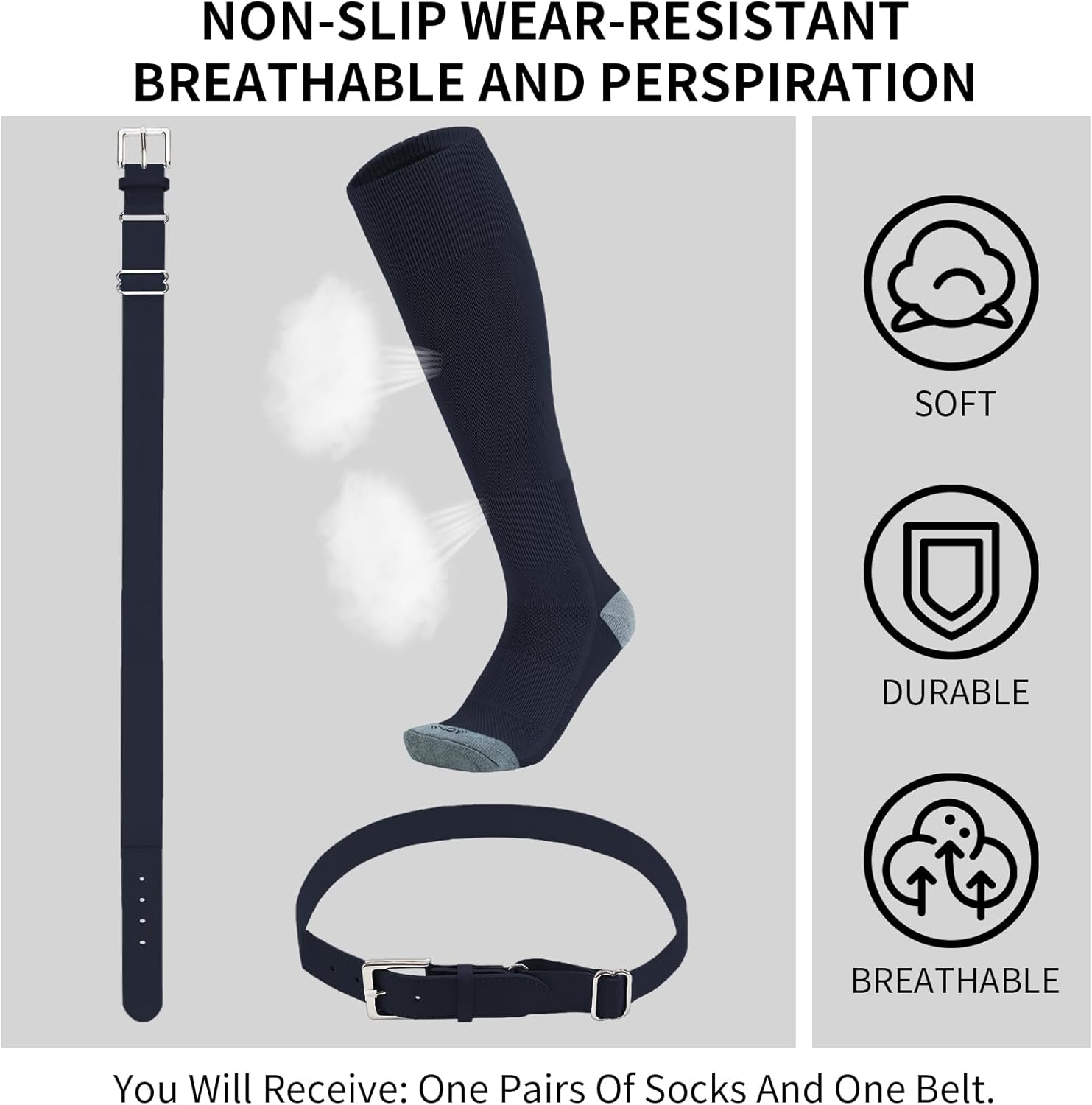 QBK Youth Baseball Socks & Belt Combo Set for Kids 2-16 Years -Softball/Tee Ball Accessories (1 Pair + 1 Belt, Unisex)