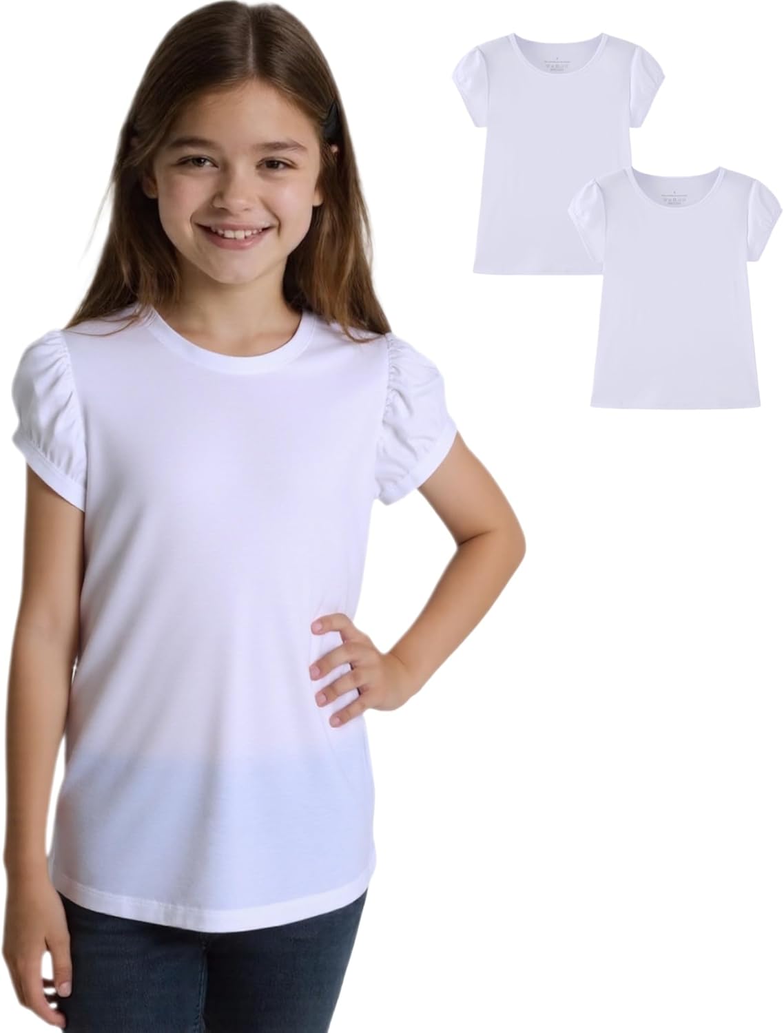 Huata Girls Short Puff Sleeve Tee Basic T-Shirt 2 Packs Crewneck