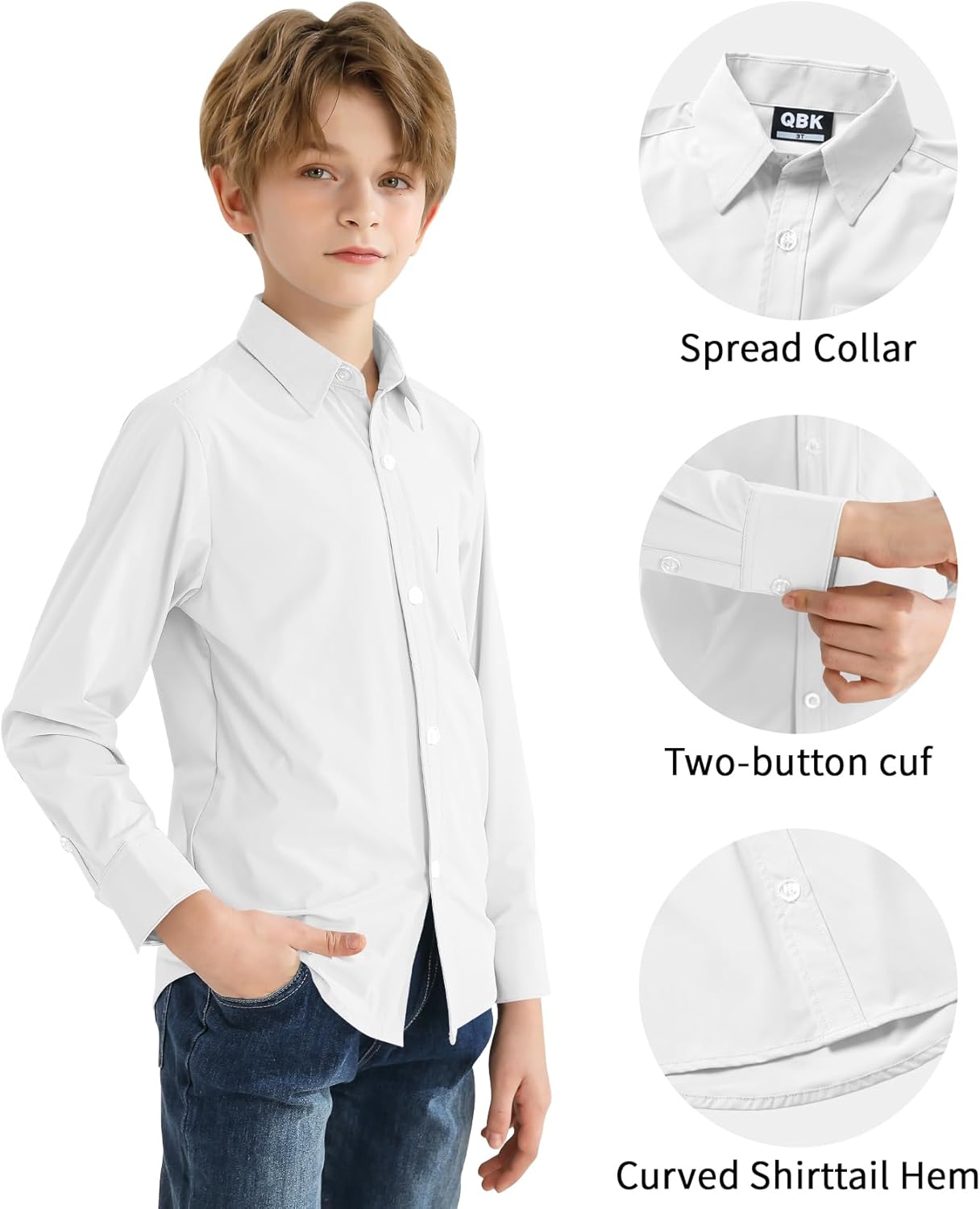2T-16Y Boys' Stretch Long Sleeve Button Down Toddler Dress Shirt Wrinkle Free Oxford Uniform Shirt with Chest Pocket