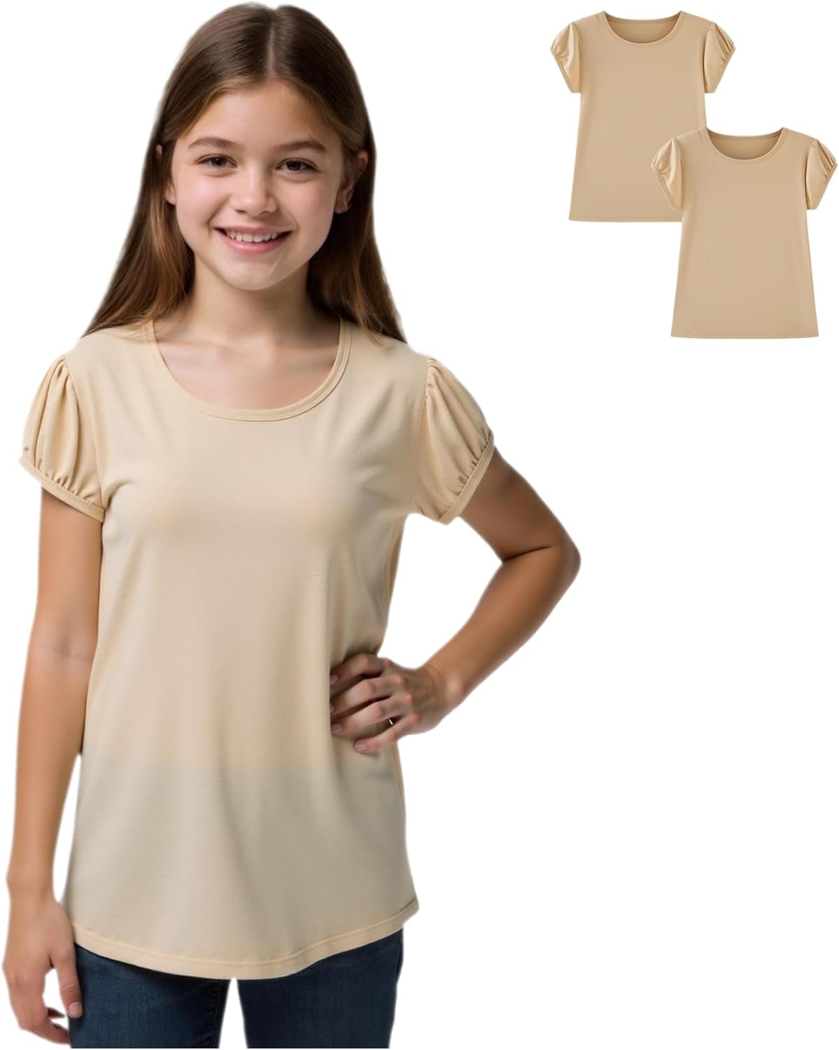 Huata Girls Short Puff Sleeve Tee Basic T-Shirt 2 Packs Crewneck