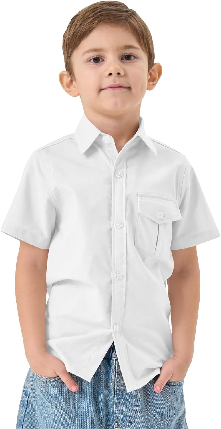 QBK Boys' Cotton Linen Short Sleeve Classic Button Down Shirts Boys Dress Shirt with Chest Pocket for 2T-16 Years