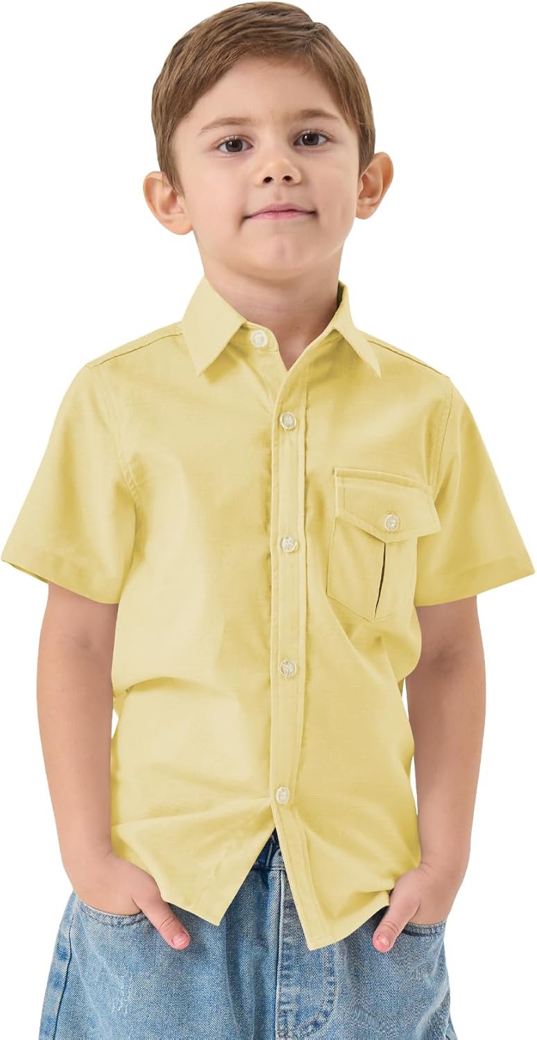 QBK Boys' Cotton Linen Short Sleeve Classic Button Down Shirts Boys Dress Shirt with Chest Pocket for 2T-16 Years