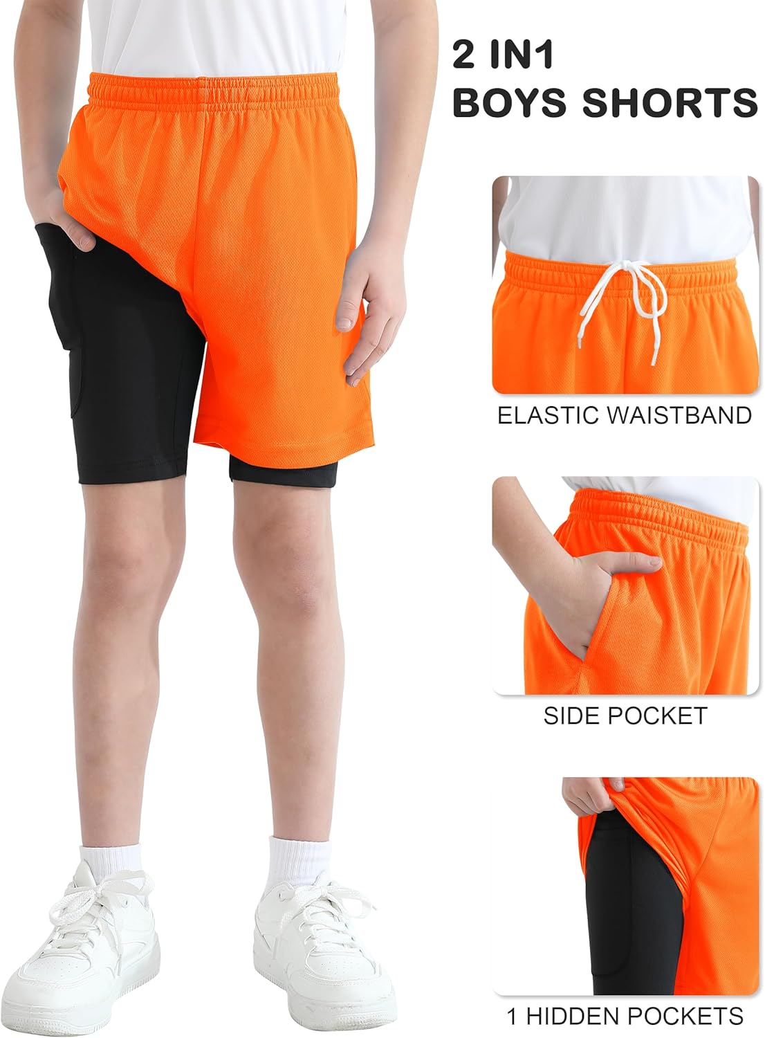 QBK Toddler to Youth Boys 2 in 1 Athletic Shorts Basketball Compression Shorts with Liner for Girls Soccer Running Sports