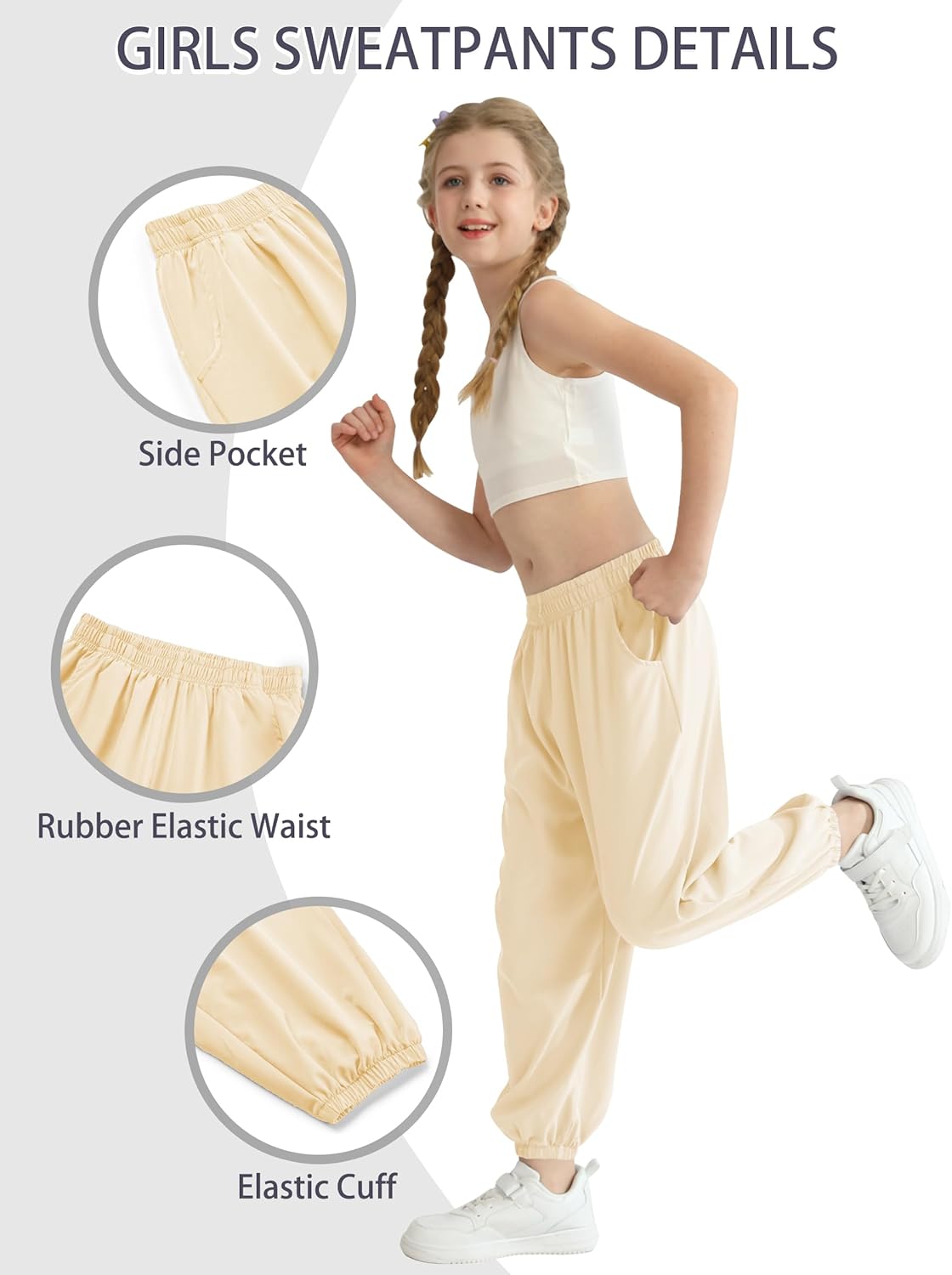 QBK 3T-14Years Girls Summer Lightweight Baggy Joggers with Pockets,Wide Leg Sweatpants Cinched Bottom Hip Hop Dance Pants