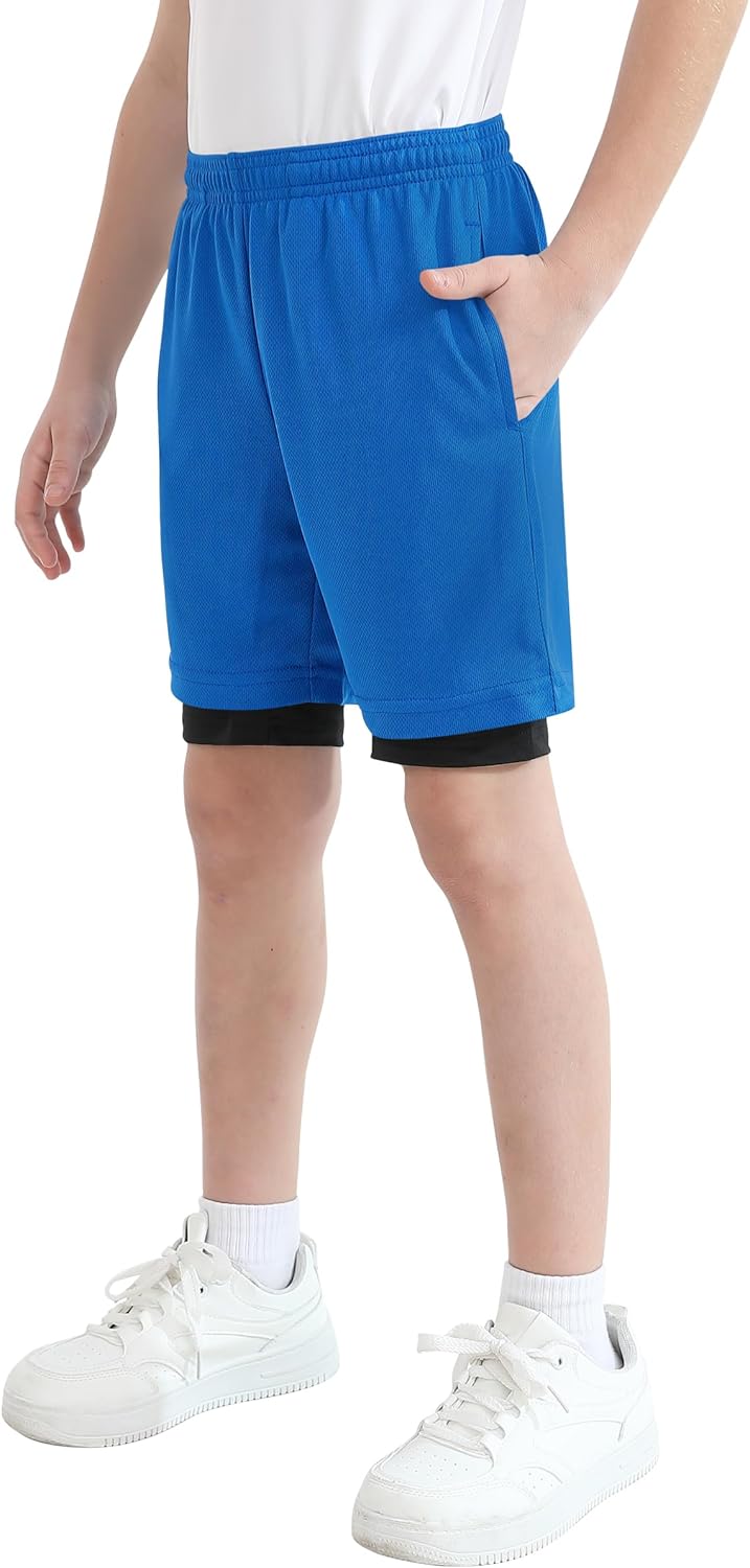 QBK Toddler to Youth Boys 2 in 1 Athletic Shorts Basketball Compression Shorts with Liner for Girls Soccer Running Sports