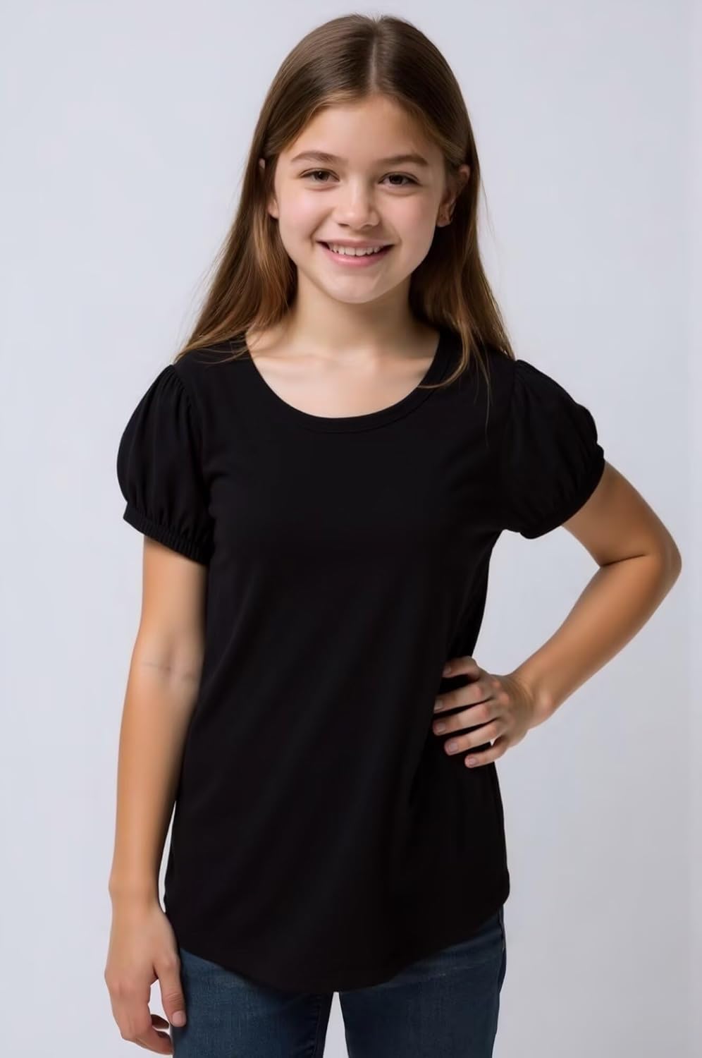 Huata Girls Short Puff Sleeve Tee Basic T-Shirt 2 Packs Crewneck