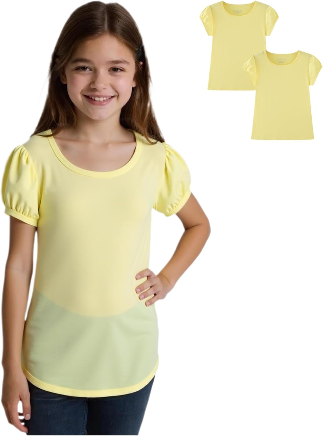 Huata Girls Short Puff Sleeve Tee Basic T-Shirt 2 Packs Crewneck