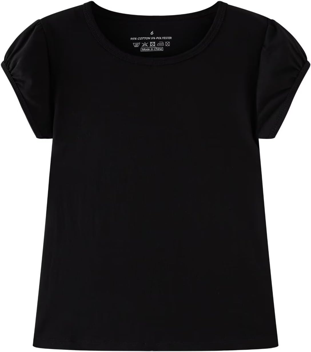 Huata Girls Short Puff Sleeve Tee Basic T-Shirt 2 Packs Crewneck