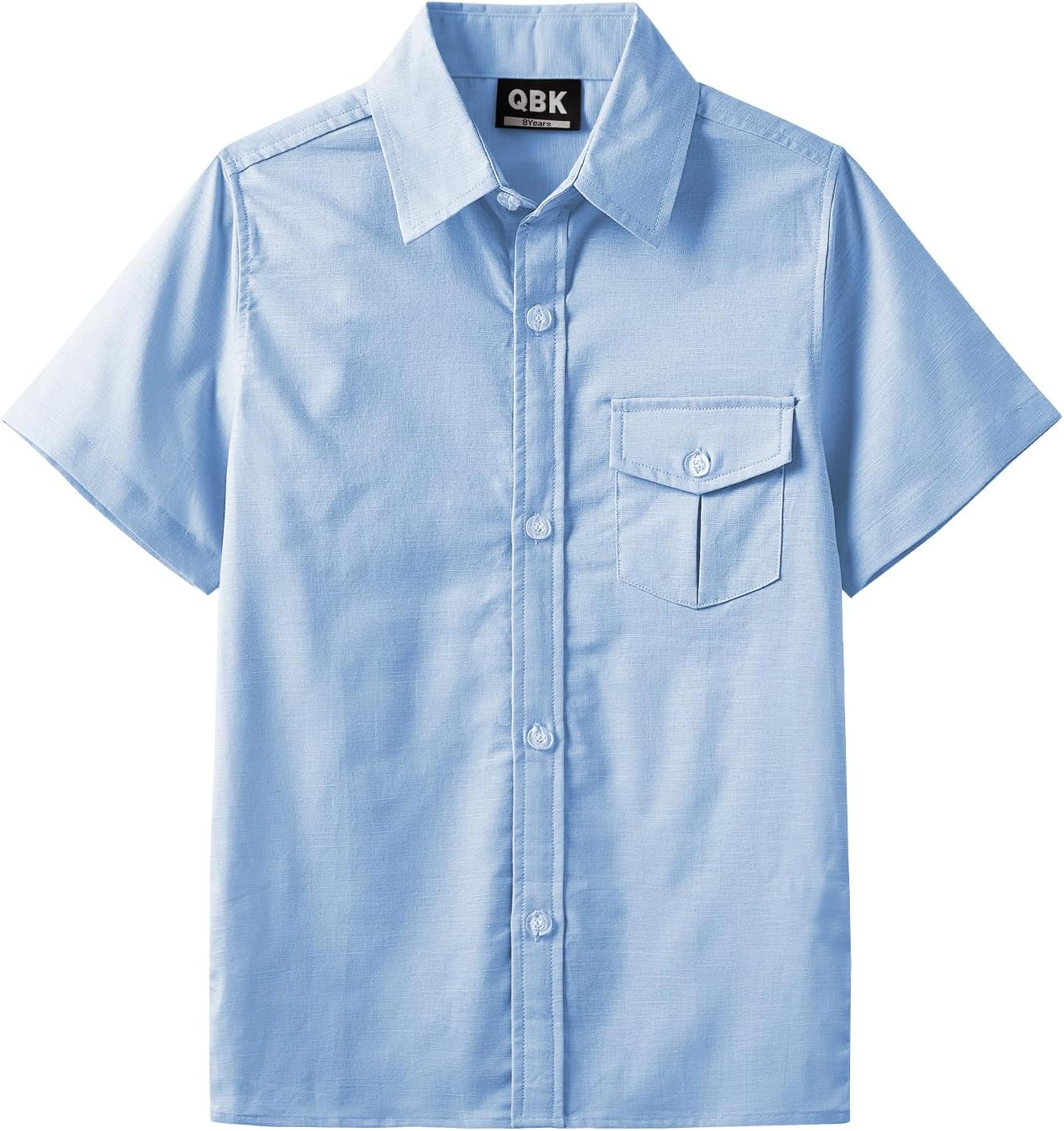 QBK Boys' Cotton Linen Short Sleeve Classic Button Down Shirts Boys Dress Shirt with Chest Pocket for 2T-16 Years