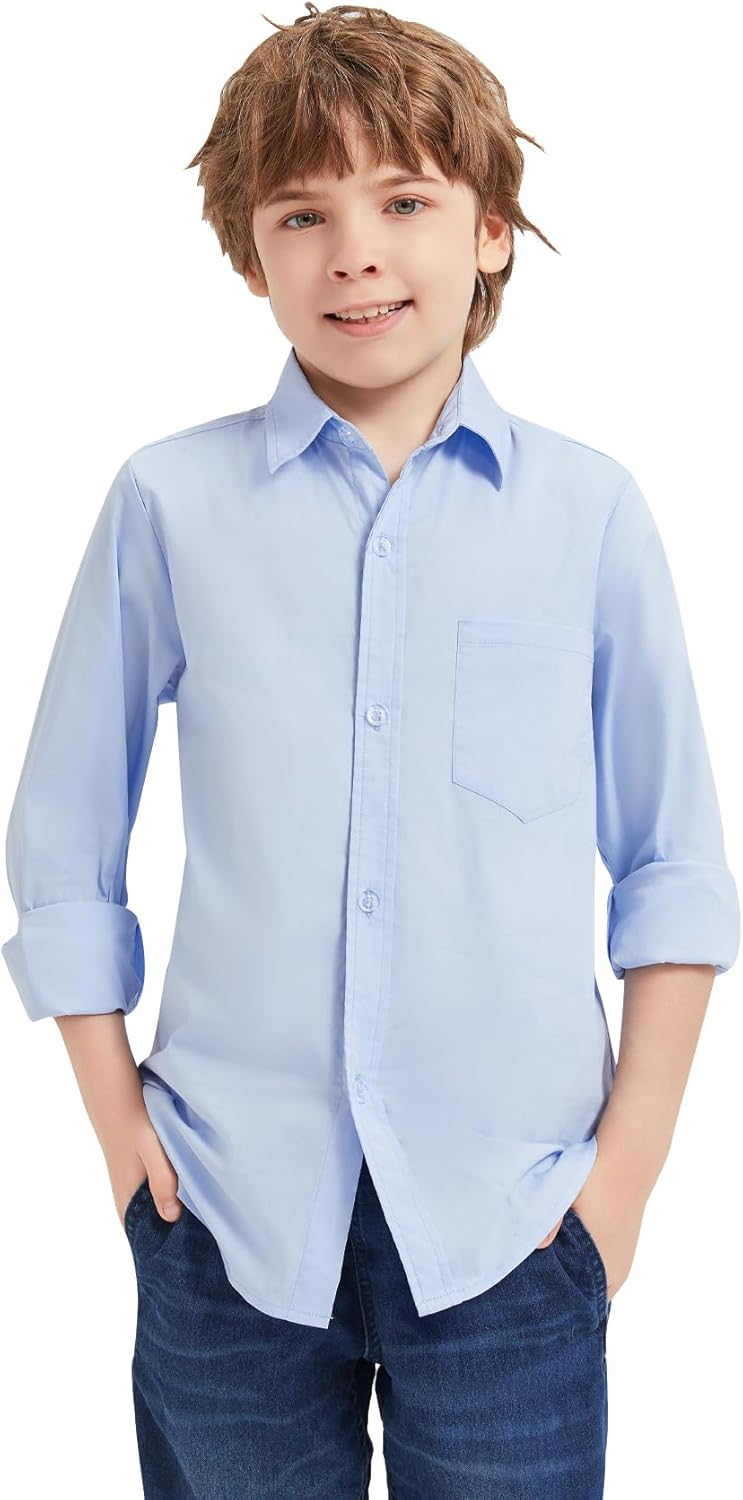 9 Month-16Y Boys' Long Sleeve Button Down Toddler Dress Shirt Oxford Uniform Shirt with Chest Pocket