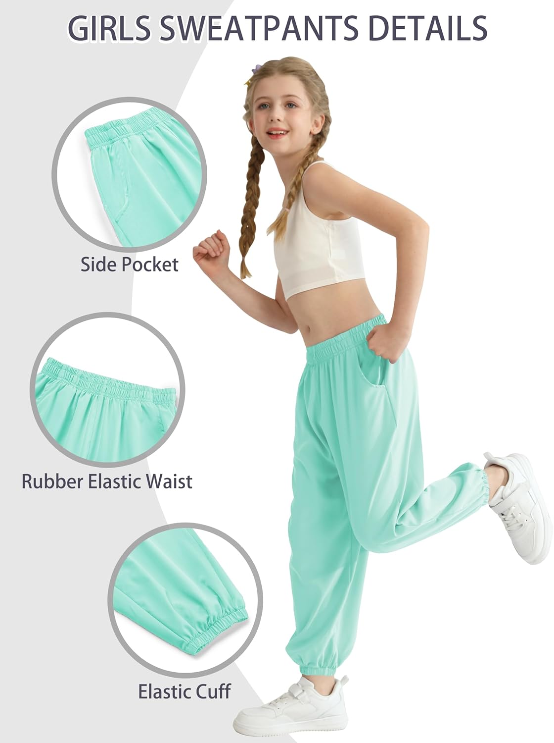 QBK 3T-14Years Girls Summer Lightweight Baggy Joggers with Pockets,Wide Leg Sweatpants Cinched Bottom Hip Hop Dance Pants