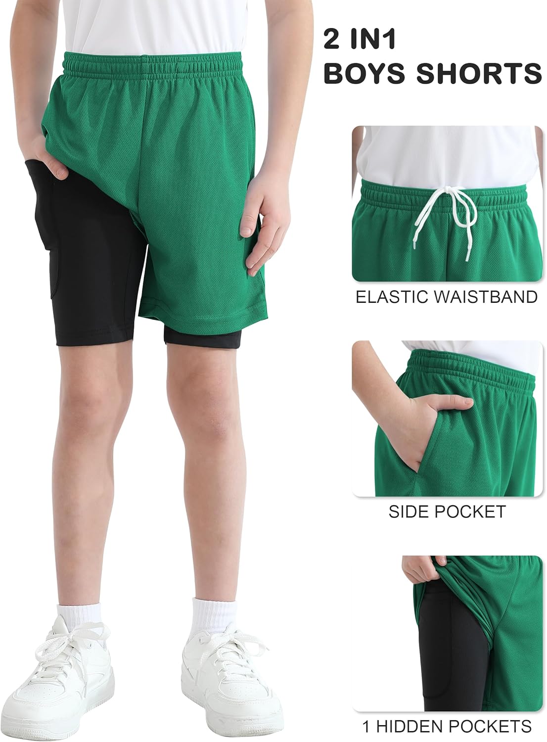 QBK Toddler to Youth Boys 2 in 1 Athletic Shorts Basketball Compression Shorts with Liner for Girls Soccer Running Sports
