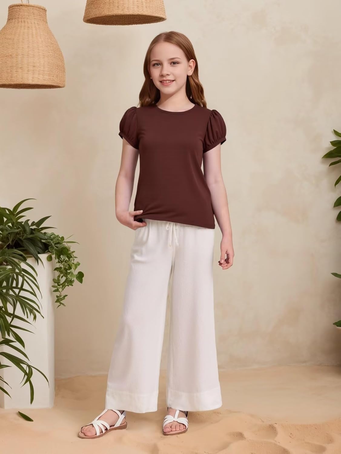 Huata Girls Short Puff Sleeve Tee Basic T-Shirt 2 Packs Crewneck