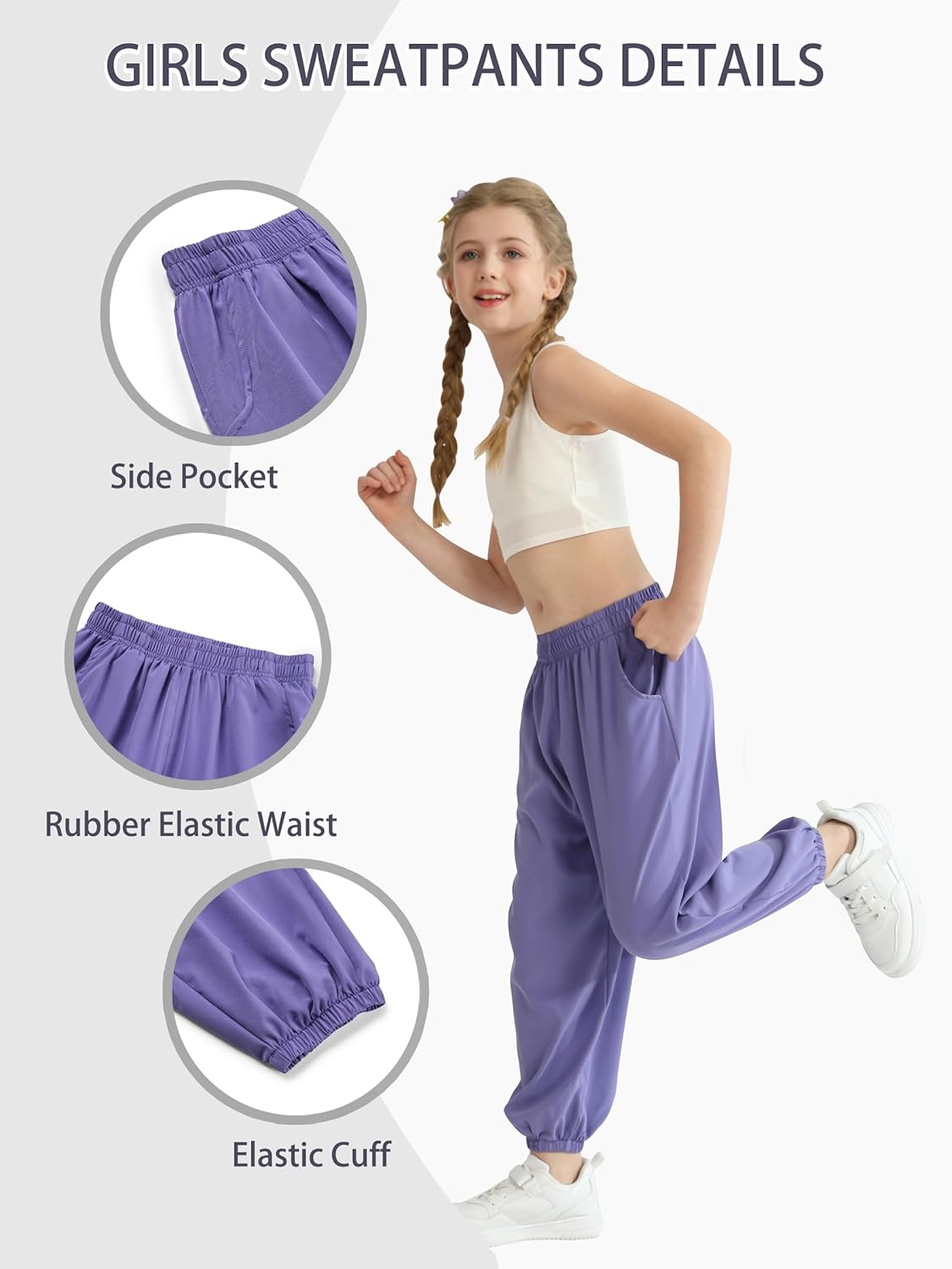 QBK 3T-14Years Girls Summer Lightweight Baggy Joggers with Pockets,Wide Leg Sweatpants Cinched Bottom Hip Hop Dance Pants