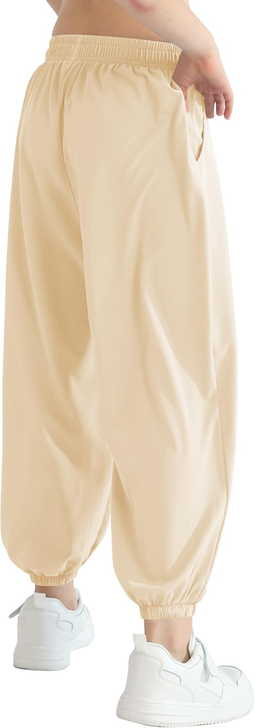 QBK 3T-14Years Girls Summer Lightweight Baggy Joggers with Pockets,Wide Leg Sweatpants Cinched Bottom Hip Hop Dance Pants