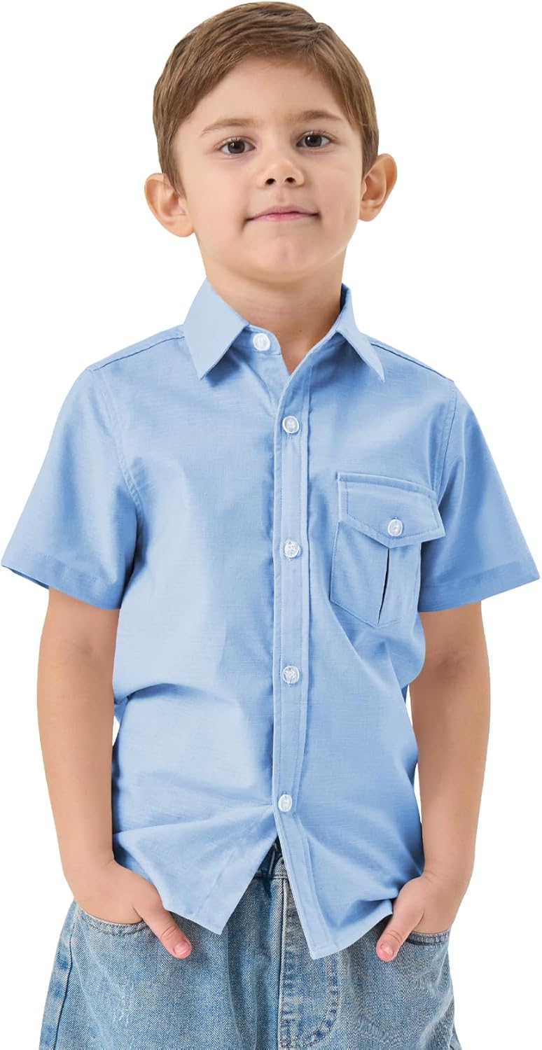QBK Boys' Cotton Linen Short Sleeve Classic Button Down Shirts Boys Dress Shirt with Chest Pocket for 2T-16 Years