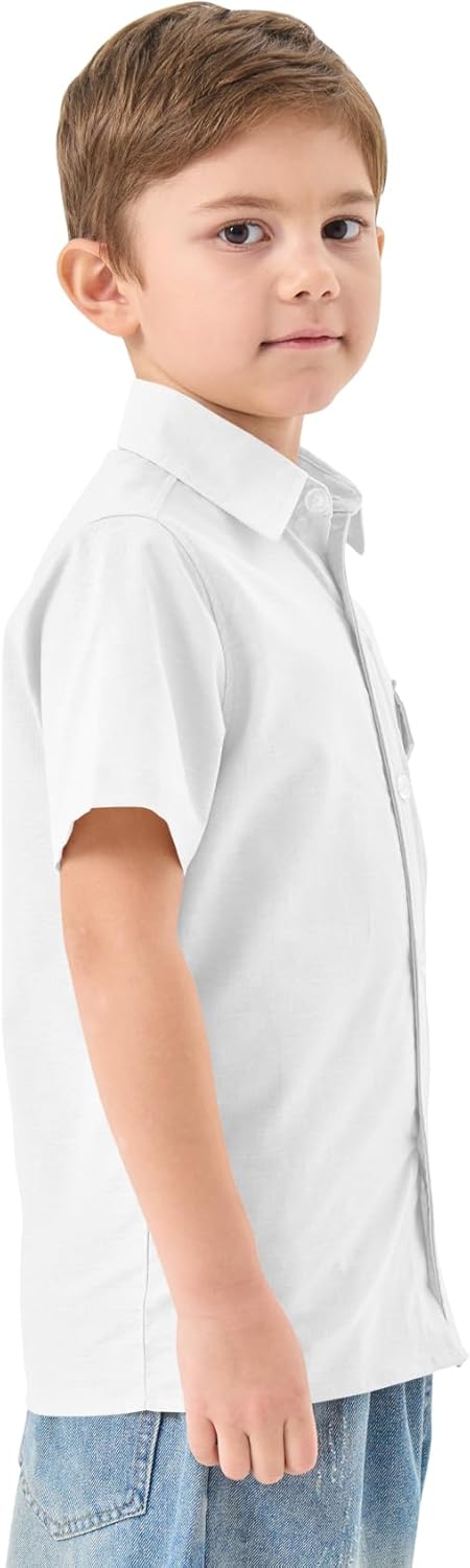 QBK Boys' Cotton Linen Short Sleeve Classic Button Down Shirts Boys Dress Shirt with Chest Pocket for 2T-16 Years