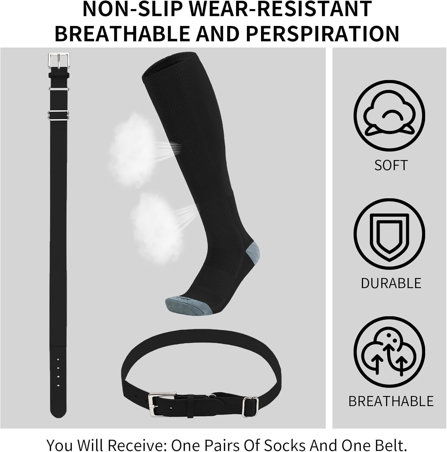 QBK Youth Baseball Socks & Belt Combo Set for Kids 2-16 Years -Softball/Tee Ball Accessories (1 Pair + 1 Belt, Unisex)