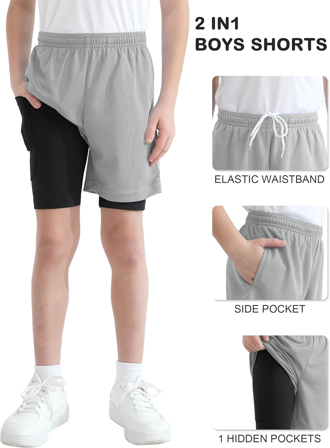 QBK Toddler to Youth Boys 2 in 1 Athletic Shorts Basketball Compression Shorts with Liner for Girls Soccer Running Sports