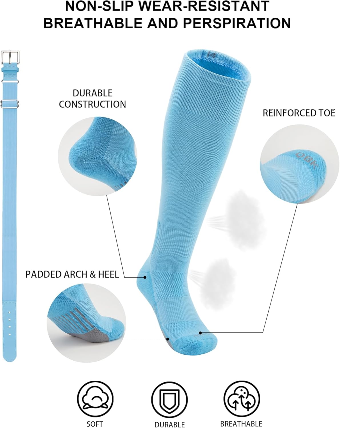 QBK 2T/3T/4T/5T Toddler Baseball Socks And Belt Youth Softball Tee Ball Combo Set for Boy Girl (1 Pairs of Socks & 1 Belt)