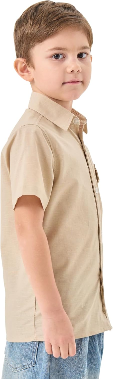 QBK Boys' Cotton Linen Short Sleeve Classic Button Down Shirts Boys Dress Shirt with Chest Pocket for 2T-16 Years