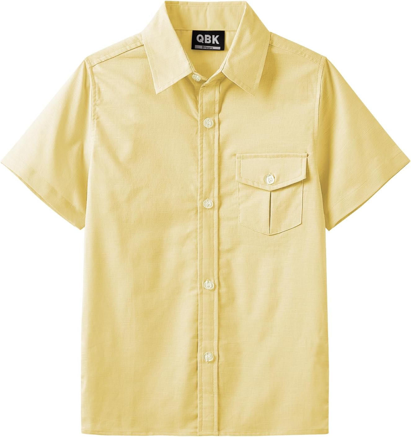 QBK Boys' Cotton Linen Short Sleeve Classic Button Down Shirts Boys Dress Shirt with Chest Pocket for 2T-16 Years
