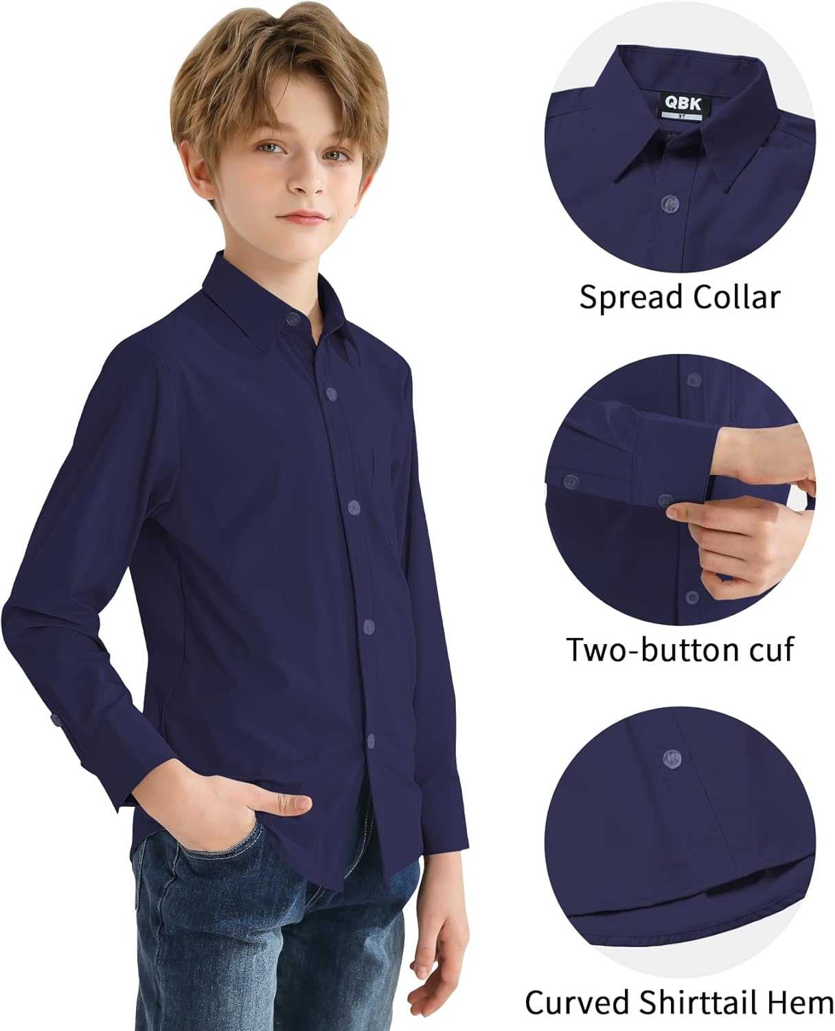 2T-16Y Boys' Stretch Long Sleeve Button Down Toddler Dress Shirt Wrinkle Free Oxford Uniform Shirt with Chest Pocket