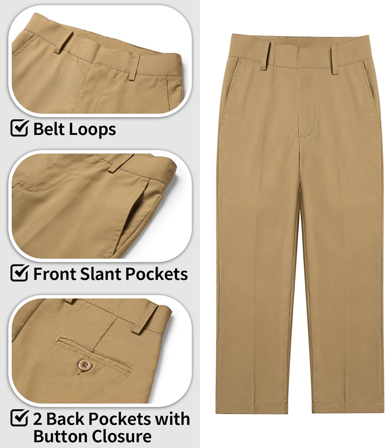 QBK Boys Flat Front Dress Pants Uniform Pants Adjustable Waistband for Toddler to Youth with Pockets