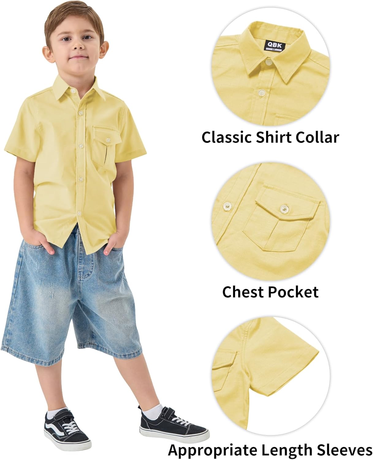 QBK Boys' Cotton Linen Short Sleeve Classic Button Down Shirts Boys Dress Shirt with Chest Pocket for 2T-16 Years