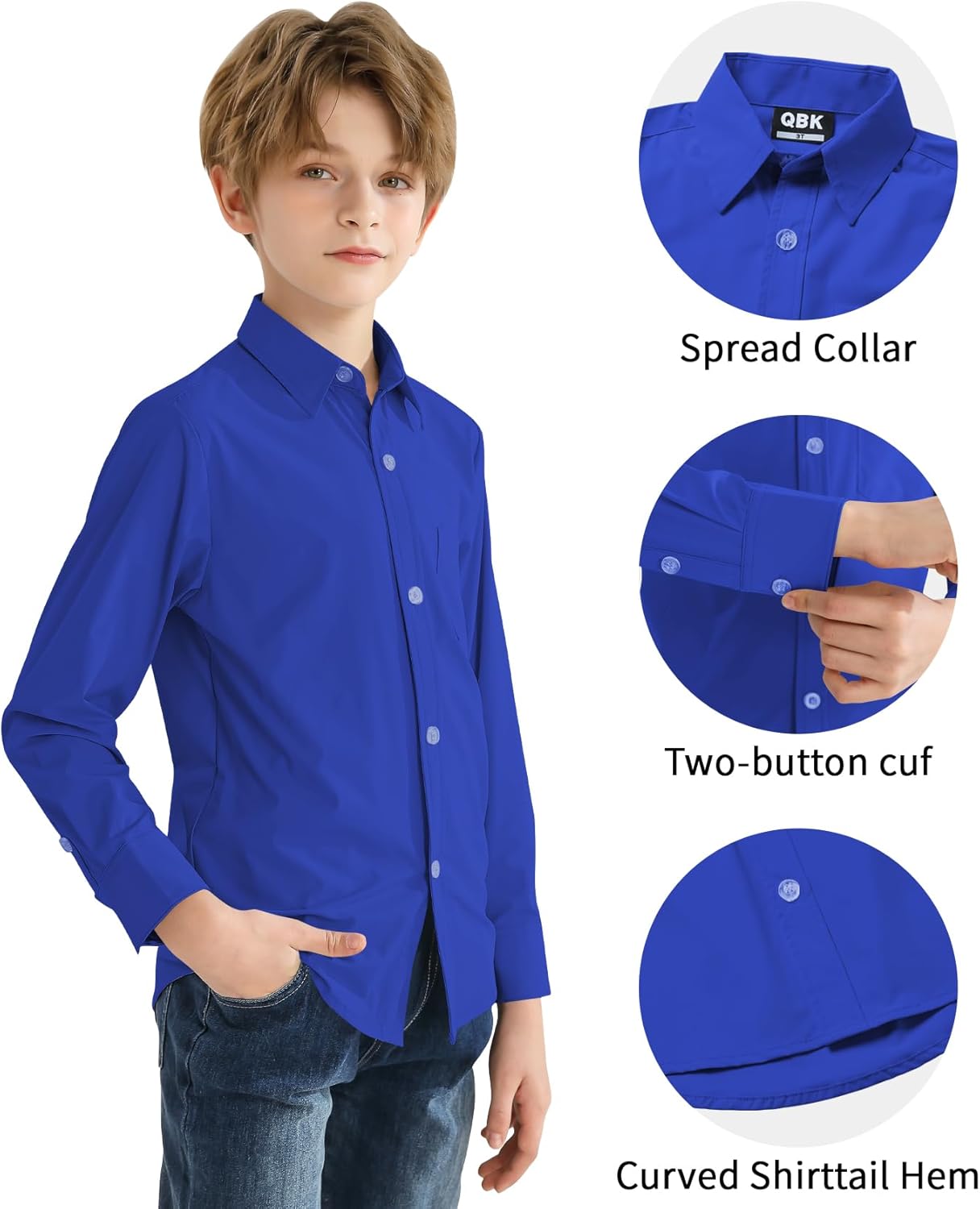 2T-16Y Boys' Stretch Long Sleeve Button Down Toddler Dress Shirt Wrinkle Free Oxford Uniform Shirt with Chest Pocket