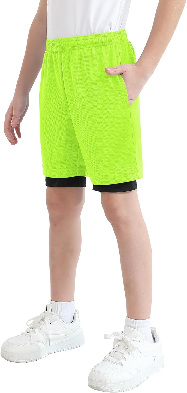 QBK Toddler to Youth Boys 2 in 1 Athletic Shorts Basketball Compression Shorts with Liner for Girls Soccer Running Sports